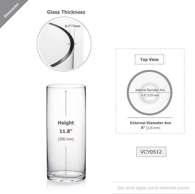 WGV Cylinder Vase Bulk, Diameter 5", Height 12", Clear Glass Floral Planter Container, Tall Centerpiece Arrangement for Wedding Party Event Home Office Decor, 12 Pieces
