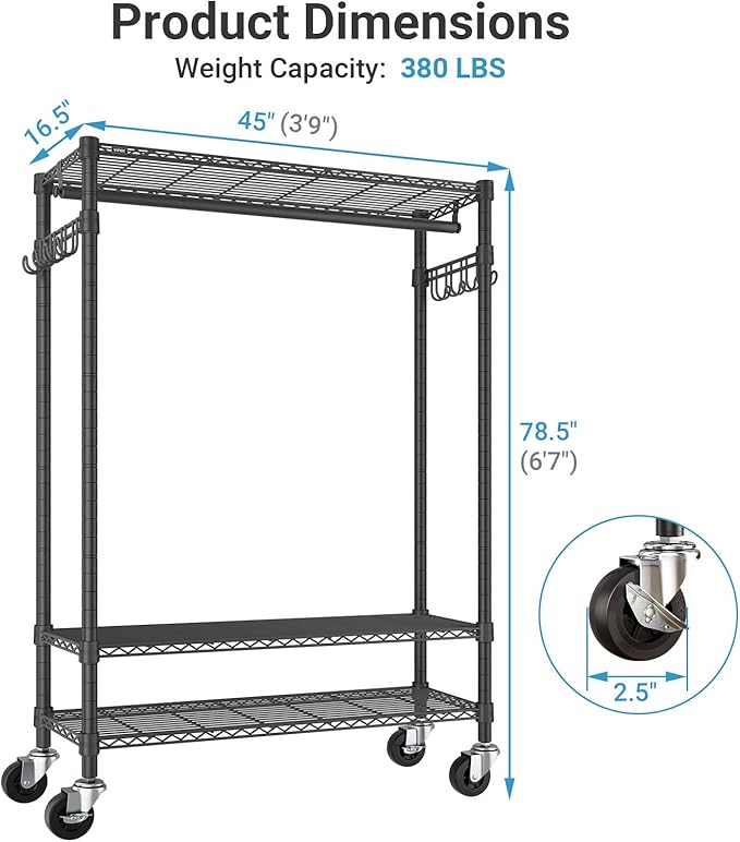 VIPEK R3C Plus Garment Rack Rolling Clothes Racks with Locking Wheels, Heavy Duty Clothing Rack Portable Closet with Adjustable Shelves & Side Hooks, Black Rack with Grey Upgraded Polyester Cover