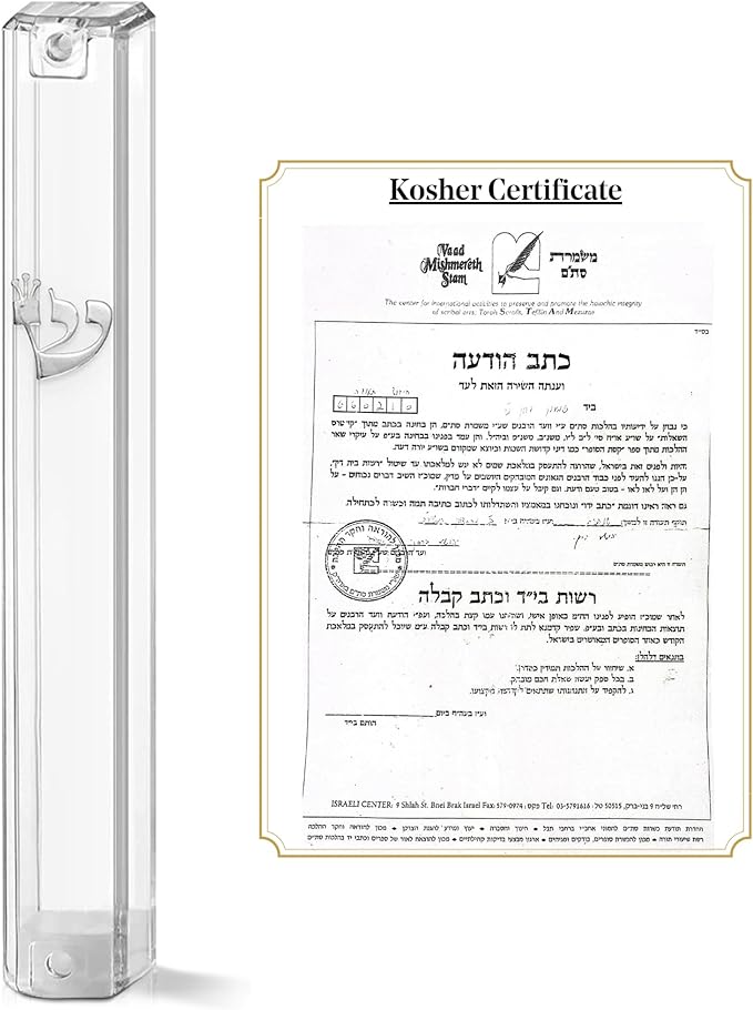SURI Mezuzah with Kosher Scroll for Door | Certified 4-Inch Hand-Written Kosher Scroll by a Certified Jewish Rabbi (Sofer Stam) and Elegant Transparent 5-Inch Mezuzah Case | Made in Israel