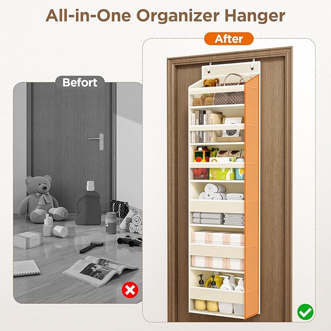 Over The Door Organizer, 6 Shelf Door Hanging Organizers with 6 Large Capacity Pockets, Behind Door Storage Hanging Shelves for Closet Wall Bathroom Bedroom Nursery