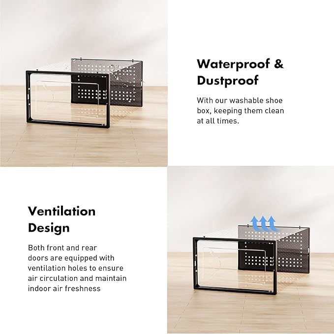 Shoe Storage Box, 15 Pack Clear Plastic Stackable Shoe Organizer for Closet, Interlocking Design for Sneakers, Foldable Shoes Container Rack with Lids, Black
