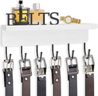 Belt Hanger Organizer for Closet, Wall Mount Belt Rack, Wooden Belt and Tie Organizer for Stores and Displays Mens Accessories (Length 9.8”) White