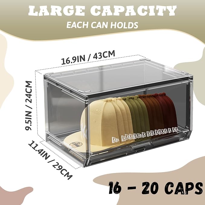 2 Pack Large Hat Organizer Box, Stackable Clear Baseball Caps Holder Box Containers with Sliding Door for Hats Snapback Cap Storag, Hat Rack Display Case, Holds 20 Hats Each -Black