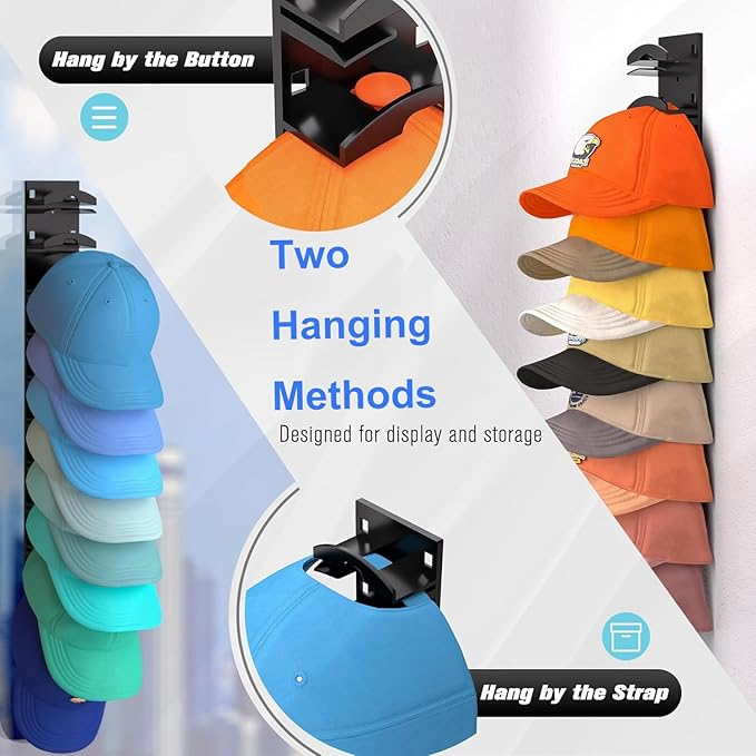Hat Organizer for Baseball Caps 2 Pack Hat Rack for Wall with Strong Adhesive Hat Hanger Holder Display for Door Closet Hold up to 20 Hats Multilayer Ball Cap Storage Two Mounting Option