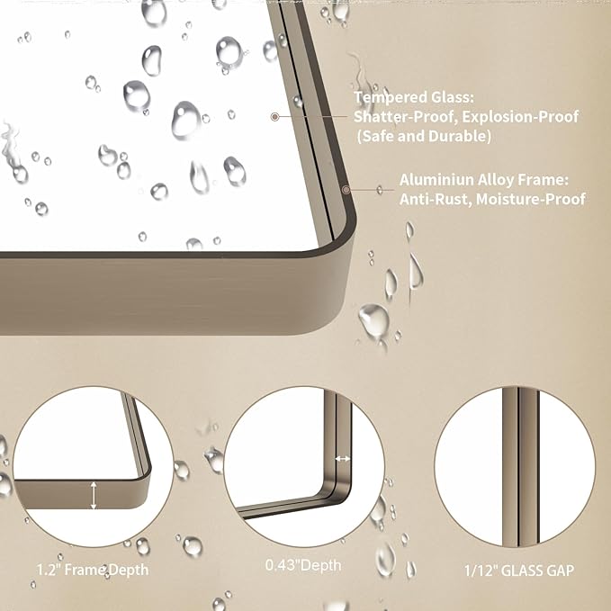 LOAAO 60”X28” Bronze Bathroom Mirrors for Vanity, Rounded Rectangle Brushed Bronze Metal Frame Mirror, Anti-Rust, Tempered Glass, Hangs Horizontally or Vertically
