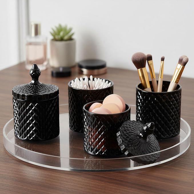 Aoriher 4 Pcs Crystal Glass Candy Jar Set with Lids Home Decorative Storage Jars for Apothecary, Bathroom, Kitchen, and Pantry, Ideal for Cotton Swabs and Jewelry(Large,Black)