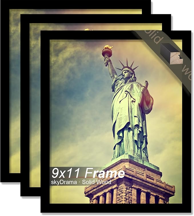 100% Solid Wood 9x11 Picture Frame Set of 3, Black Frame for 9 x 11 Inch Picture Poster Photo, Light Weight 9 by 11 HQ Matte Black Frame for Wall - 3 Pack/Black/9"x11"