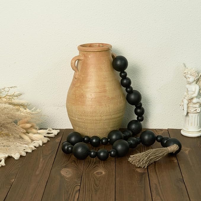 2" Extra Large Wood Bead Garland with Tassels, 60" Long Rustic Farmhouse Wooden Beads Garland, Decorative Beads Boho Decorations for Home Table Mantle Black