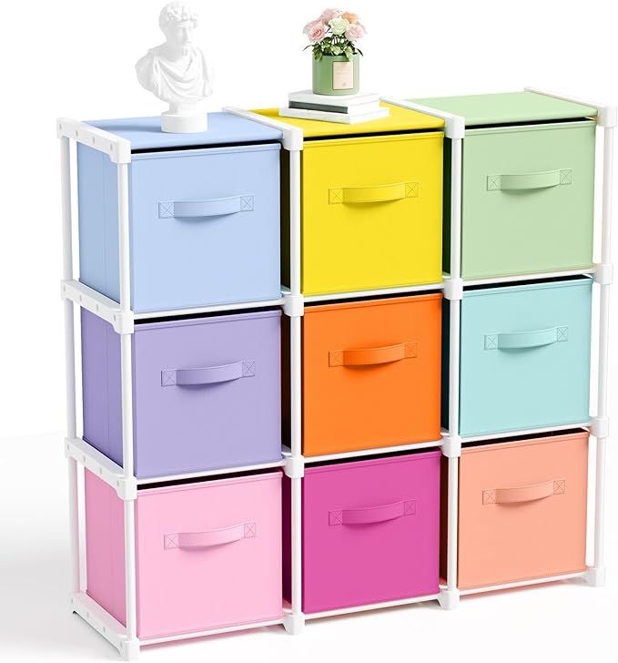 9 Cube Storage Organizer with Shelf Back to School Boxes 11 Inch Toy Storage Bins Closet Organizers Drawers Fabric Dresser for Playroom Books Bedroom Dorm Kitchen (Macaron Colors)