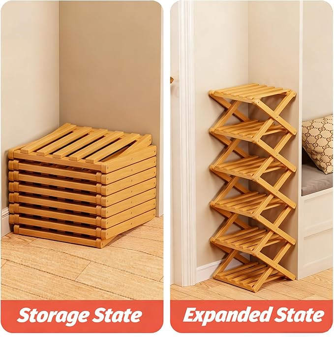 The 9-Tier No-Assembly Bamboo Rack, 2026 Upgraded Foldable Bamboo Shoe Rack, Space-Saving Organizer for Shoes, No Assembly Narrow Shoe Shelf for Entryway Closet Dorm (Brown,5-Tier)