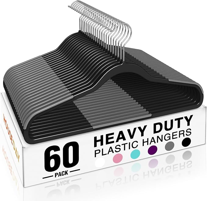 HOUSE DAY Heavy Duty Plastic Hangers 60 Pack, Non Slip Clothes Hangers with Rubber Pads and 360° Hook - Thin 0.2 Inch, Space Saving Coat Hanger Black, Closet Organizer for Shirt, Pants, Suit, Skirt
