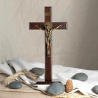 KUXBET Wooden Crucifix Cross with Detachable Stand 10 Inch Standing Catholic Wooden Jesus Christ Wall Hanging Cross for Home Decor