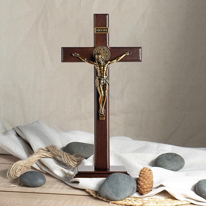 KUXBET Wooden Crucifix Cross with Detachable Stand 10 Inch Standing Catholic Wooden Jesus Christ Wall Hanging Cross for Home Decor