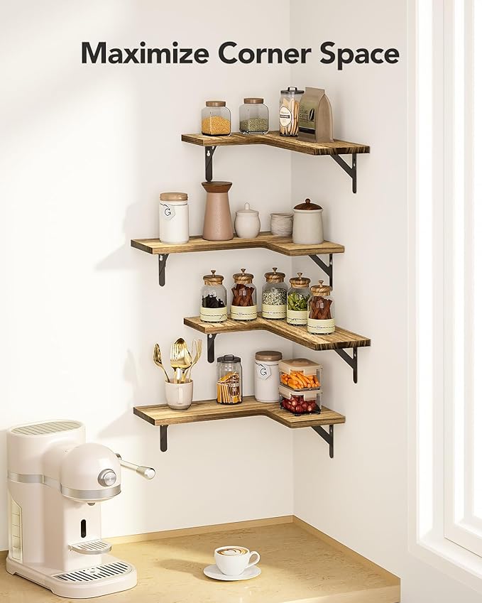 AMADA HOMEFURNISHING Corner Floating Shelves, Set of 4 Corner Shelf Wall Mounted, Shelves for Wall Decor, Corner Wood Shelf for Home Decor, Office, Bedroom, Bathroom, Laundry Room, Kitchen
