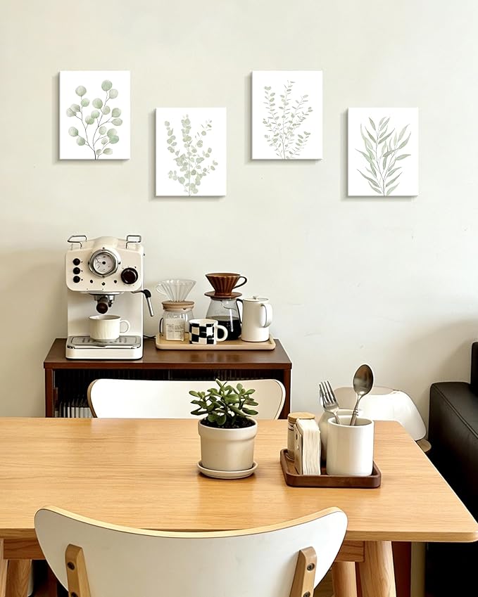 Drsoum Botanical Plant Framed Wall Art Boho Wall Decor for Bathroom Sage Green Eucalyptus Leaf Prints Minimalist Aesthetic Ready to Hang Set of 4, 8x10 in (Framed)