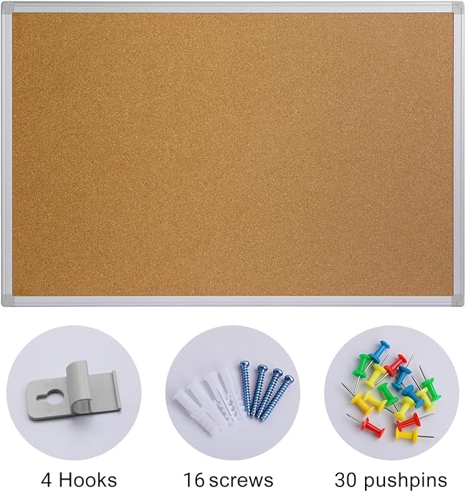 2-Pack Cork Board Bulletin Board 24 x 18, Silver Aluminium Framed Corkboard, Office Board for Wall Cork, Large Wall Mounted Notice Pin Board for Home, Office and School