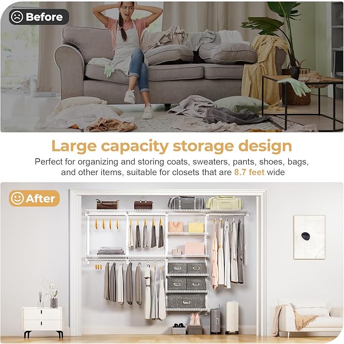 Wire Closet Organizer System, Wall Mounted 8.7 Ft. Custom Closet Kit for Bedrooms Laundry Mudroom Garage Basement, Adjustable Storage Shelves for Clothes Shoes Handbags