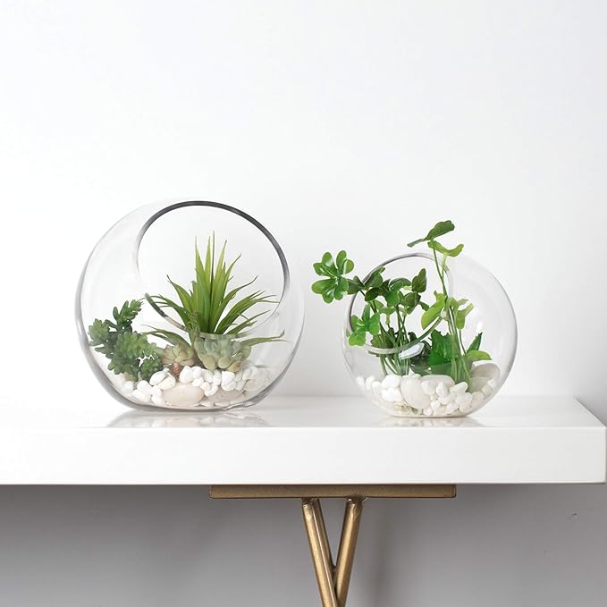 WGV Slant Cut Bowl Glass Vase Bulk, Width 9", Height 9", Clear Round Globe Planter Terrarium Orb, Candy Dish, Fruit Jar, Floral Container for Home Office Decor, 4 Pieces