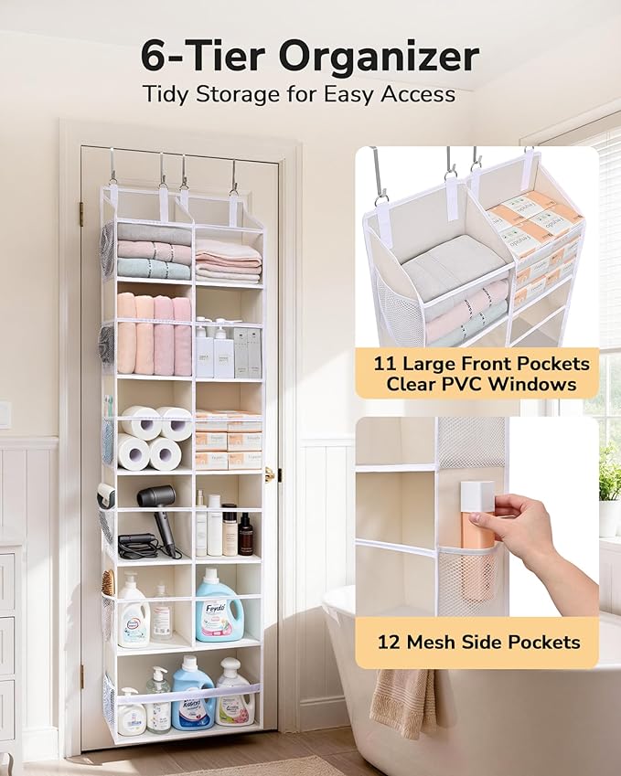ULG Over the Door Organizer, 6-Tier Hanging Storage with Clear Windows, 19 Pockets for Closet, Pantry, Bathroom & Nursery Doors, Extra Large Storage Space with 4 Hooks