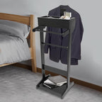 Suit Valet Stands for Women and Men Clothes Wood Valet Stand with Base Freestanding Clothing Organizer Valet Stand Contour Hanger Trouser Bar Belt Hooks for Office Living Room (Black)