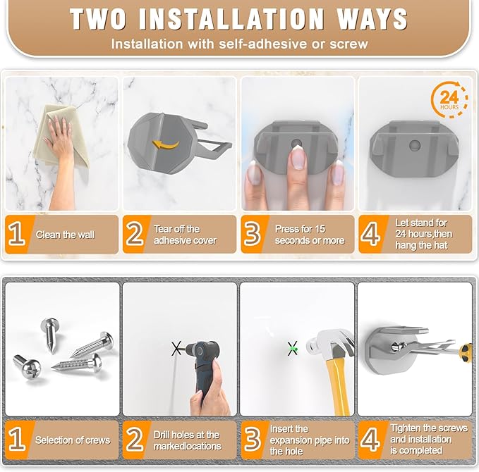 48 Pack Adhesive Hat Hooks for Wall, Super Strong Hat Rack for Baseball Caps, Minimalist Hat Organizer Display for Home Decor, Hat Hangers Holder for Wall, Door, Closet, No Drilling (Gray)