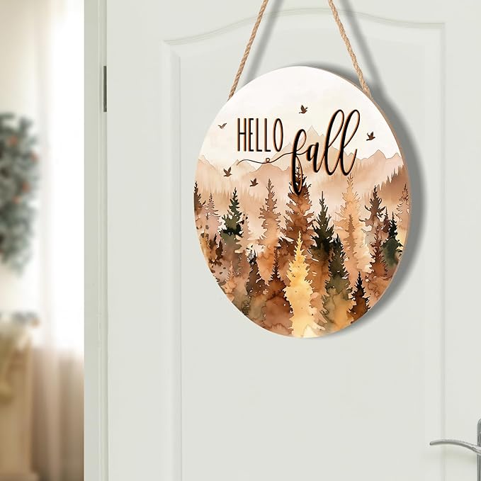 Hello Fall Wreath for Front Door Outside Autumn Thanksgiving Welcome Sign Fall Forest Trees Wood Door Hanger 12x12 Inch Rustic Farmhouse Indoor Outdoor Decor for Home Porch Wall Hanging Plaque