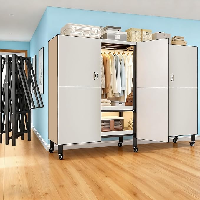 Heavy Duty Portable Closet with Cover Magnetic Doors, Metal Rolling Clothes Rack Heavy Duty 1500LBS, Foldable Clothing Rack, Garment Racks for Bedroom/ LivingRoom/ Rental (KT Off-white, 66.14in)