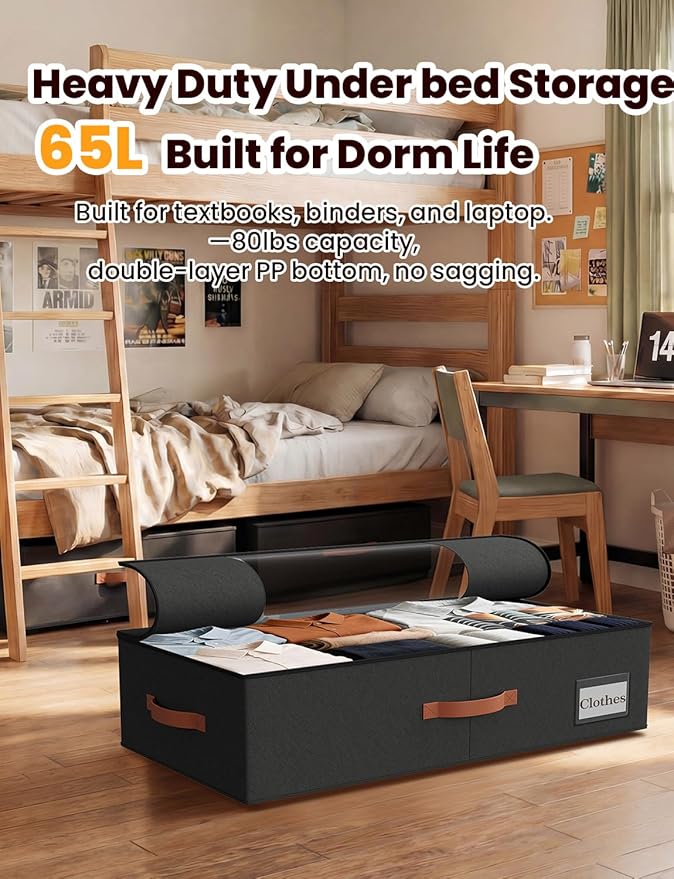 2-Pack Under Bed Storage Bins with Wheels and 6 Vacuum Seal Bags, Heavy Duty 80lbs Capacity, 65L Clear Lid Organizer for Dorm Bedroom Clothes Shoes Toys, Quick Assembly Space Saver (Black, 7.9'' PLUS)