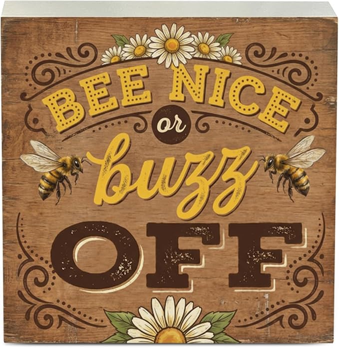 Bee Decor Summer Wall Decor Bee Nice Or Buzz Off Summer Decorations Wooden Box Sign for Home Office Farmhouse Table Shelf