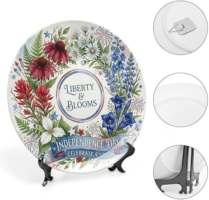 250th Anniversary Decorative Plates 10 Inch Patriotic Decorations Floral Plates with Stand 4th of July Independence Day Veterans Day Home & Office Decor
