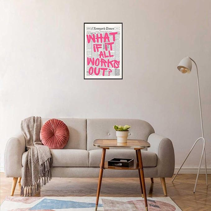 Drimiler Retro Newspaper Pink Font Poster What If It All Works Out Canvas Wall Art Positive Affirming Quote Minimalist Prints Painting For Home Bedroom Dorm Wall Decor 16x24in Framed