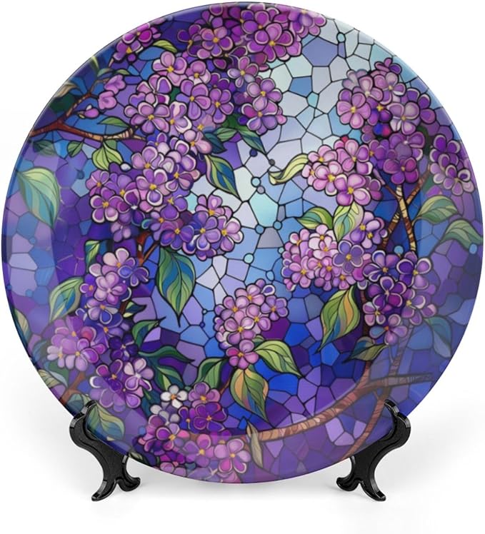 Stained Glass Theme Decorative Ceramic Plate Round Porcelain Plate,7 inch,Lilac Pattern,for Decorative Ornaments Giving Plates, 1 Plate with 1 Display Stand,Purple