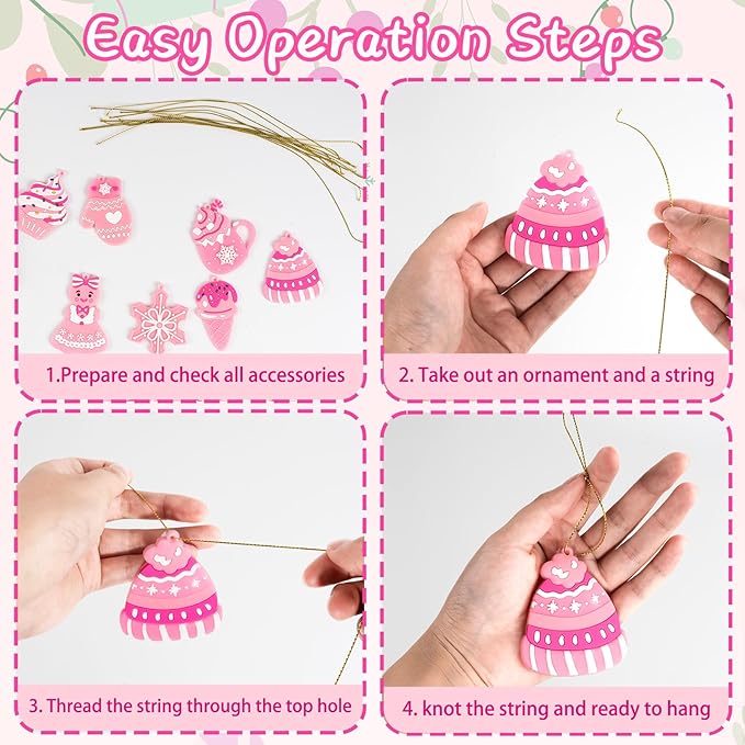 Pink Candy Ornaments for Christmas Tree Decorations, 12 PCS Soft PVC Candy Sweet Christmas Ornaments for Xmas Tree Party, Home, Office Decor