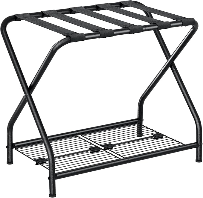 Luggage Rack with Storage Shelf, Foldable Suitcase Stand, Heavy Duty Metal Luggage Holder, 150 lbs Top Capacity, 50 lbs Bottom Shelf, for Guest Room, Bedroom, Hotel LR-BK-1