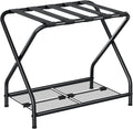 Luggage Rack with Storage Shelf, Foldable Suitcase Stand, Heavy Duty Metal Luggage Holder, 150 lbs Top Capacity, 50 lbs Bottom Shelf, for Guest Room, Bedroom, Hotel LR-BK-1