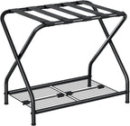 Luggage Rack with Storage Shelf, Foldable Suitcase Stand, Heavy Duty Metal Luggage Holder, 150 lbs Top Capacity, 50 lbs Bottom Shelf, for Guest Room, Bedroom, Hotel LR-BK-1