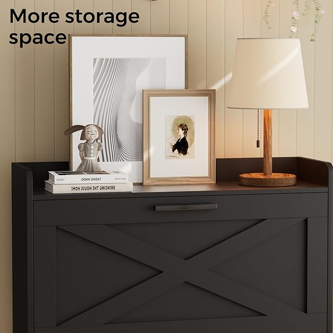 32" W Farmhouse Shoe Storage Cabinet with 2 Flip Drawers and Barn Door Design, Adjustable Shelves, Modern Hidden Slim Narrow Shoe Rack Cabinet for Entryway, Foyer, Hallway, Living Room, Black