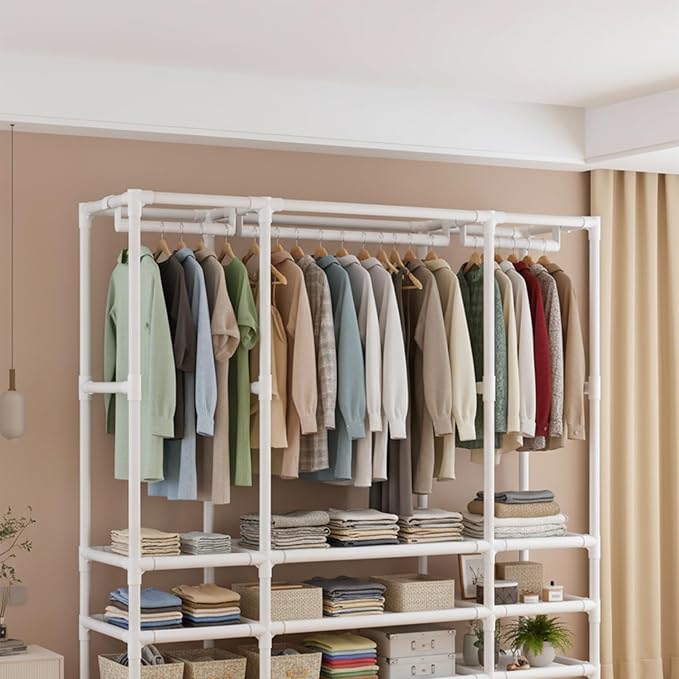 Portable Closet,Portable Closets for Hanging Clothes,Japanese Style Wardrobe with 2 Hanging Rods,6 Storage Shelves,43.3" L x 17.7" W x 65.1" H,White