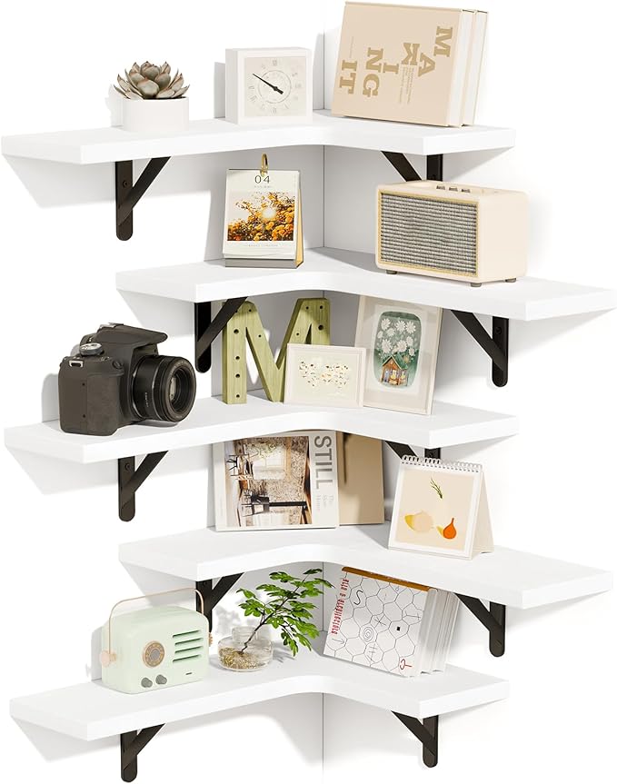 Fixwal Floating Shelves for Wall Set of 5, Rustic Wood Wall Mounted Corner Shelf for Bathroom, Kitchen, Bedroom, Home Decor, Laundry Room, Living Room (White)