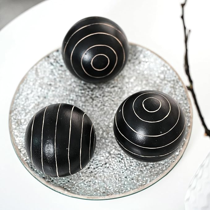 Decorative Orbs for Bowls and Vases, Circle Pattern, 4 inch Resin Round Sphere Balls, Set of 3, Living Room Coffee Table Centerpiece