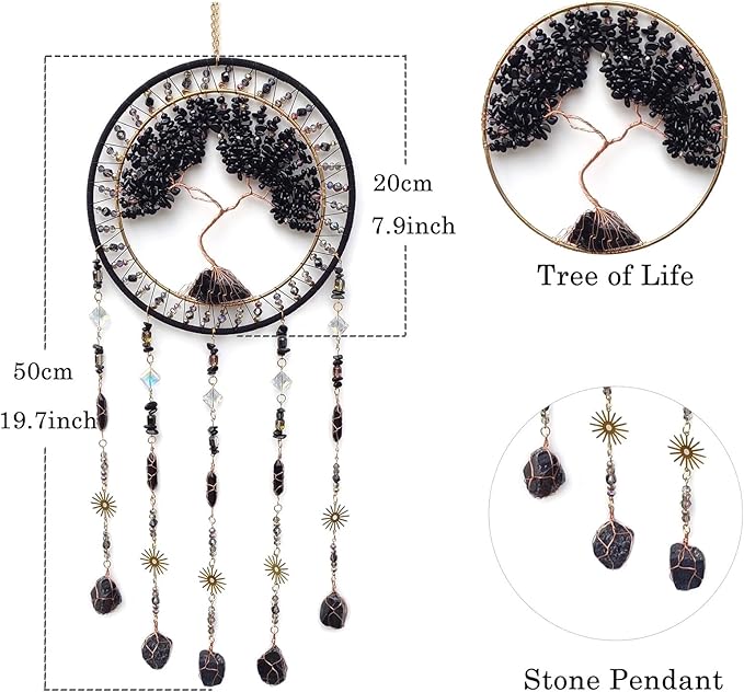 Crystal Tree of Life Dream Catchers with Stone Pendant Black Dream Catcher Wall Decor Handmade Dreamcatcher Wall Hanging Ornament for Bedroom Living Room Home Decor