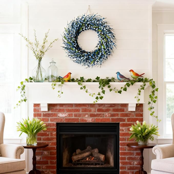 26 Inch Spring Wreaths for Front Door, Large Artificial Forsythia Flowers Wreath, Spring Summer Floral Wreath All Season for Home, Wall, Window, Porch, Wedding, Farmhouse Decor (Blue)