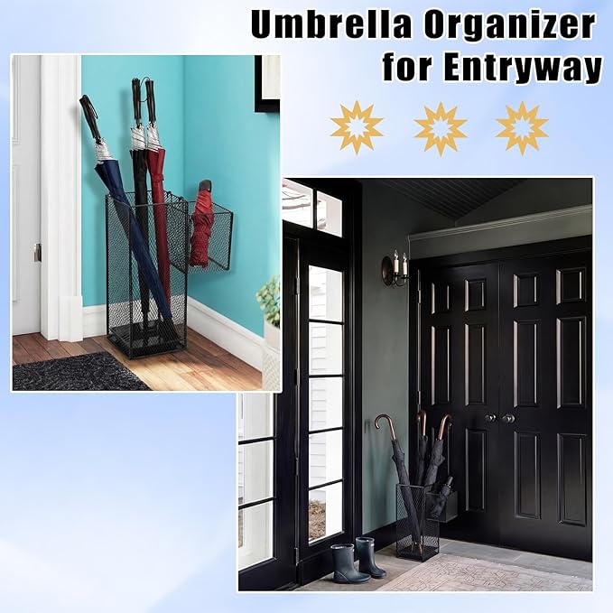 OwnMy Metal Umbrella Holder for Entryway, Indoor Umbrella Stand for Entryway with Small Basket and Draining Tray, Modern Umbrella Storage Stand Rack for Home Office Hotel Entrance, 16.5" Height