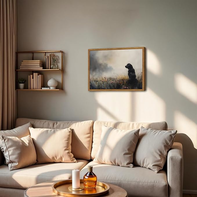 Framed Vintage Black Dog Canvas Wall Art, Rustic Hunting Dog in Wildflower Meadow Pictures Wall Decor, Farmhouse Animal Nature Paintings Prints Home Decor for Living Room Bedroom 12x16 inch