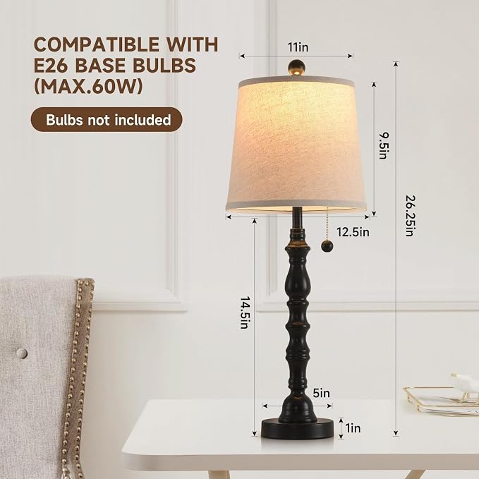 Terpsichore Lamps Set of 2 Modern Farmhouse Table Lamp Bedside Reading Lamps Living Room End Tables Set Lamps for Night Stands Bedroom Night Lamp,High 26.25 Inch, (Black, High 26.25 inches)