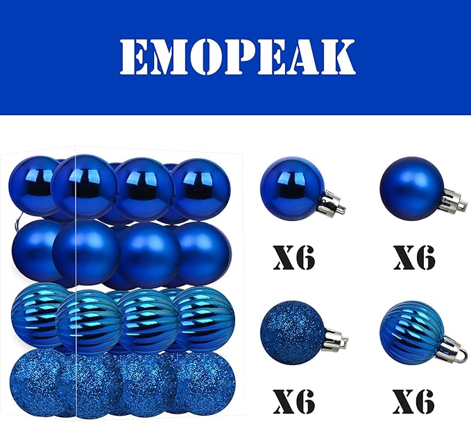 Emopeak 24Pcs Christmas Balls Ornaments for Xmas Christmas Tree - 4 Style Shatterproof Christmas Tree Decorations Hanging Ball for Holiday Wedding Party Decoration (Navy Blue, 1.3"/3.2CM)