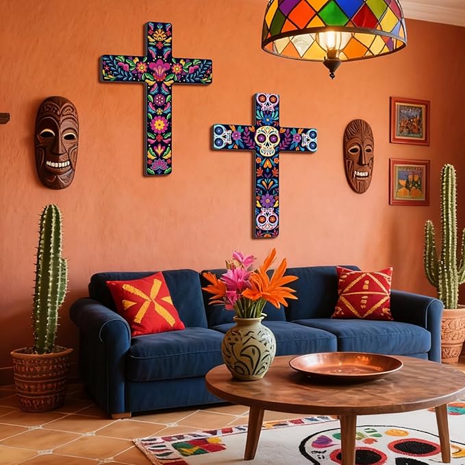 Pinkunn 2 Pcs Mexican Cross Wall Decor Floral Day of The Dead Decoration Hand Painted Wood Wall Art Dia De Muertos Altar Decorations Spanish Cross Decor for Home(Sugar Skeleton)