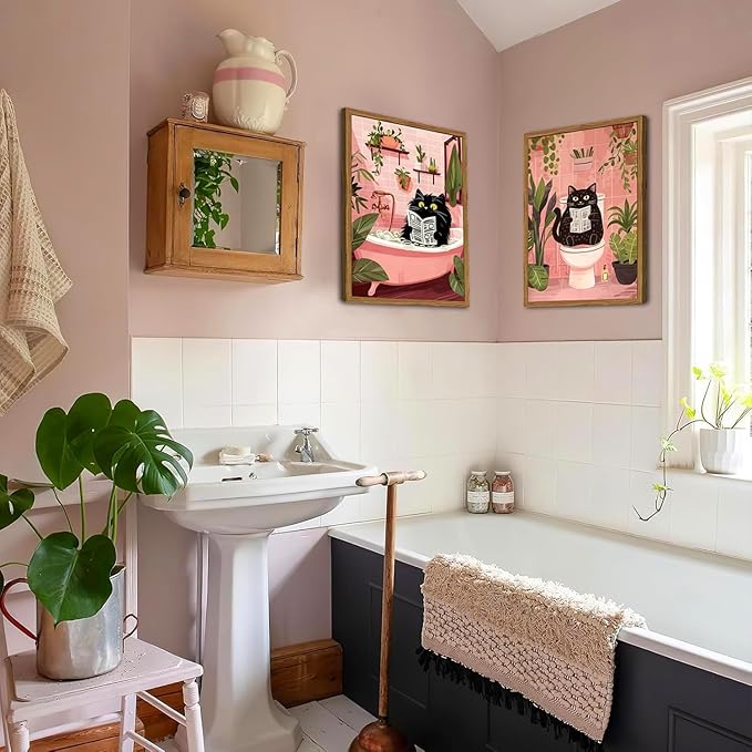 Framed Funny Bathroom Black Cat Canvas Wall Art Set of 2, Cute Cat Reading Newspaper on Toilet Pictures Wall Decor, Humor Animal in Bathtub Paintings Prints for Restroom 16x24 inch