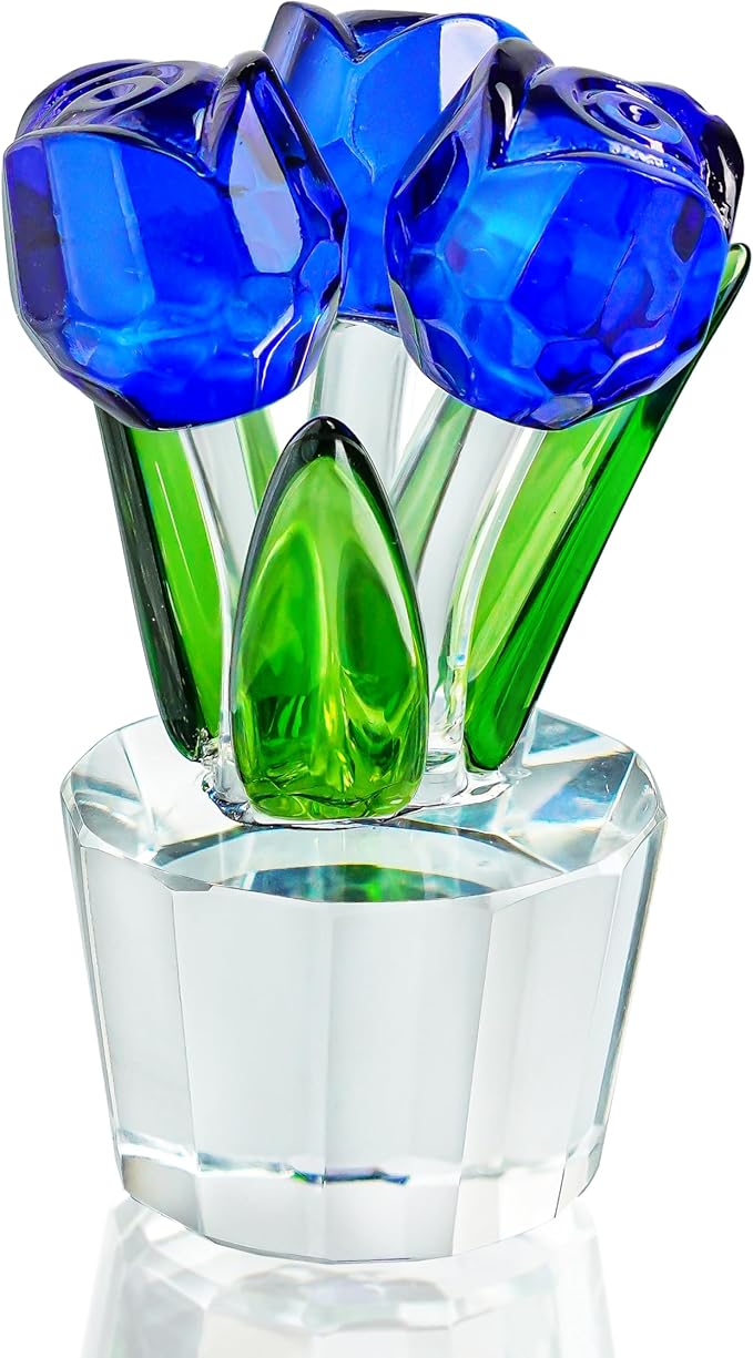Blue Crystal Rose Flower Figurine for Wife Girlfriend Rose Collectible Figurines for Valentine's Day(3.2 * 2inch)