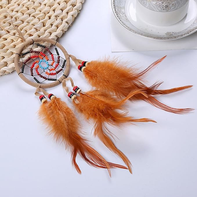 Handmade Dream Catchers Wall Decor,Boho Feather Dreamcatcher with Natural Elements,Unique Home Decor Gift for Bedroom, Living Room (Light Coffee Color 11.8in)